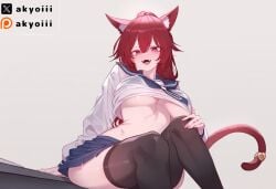 1girls ai_generated akyoi animal_ears animal_tail bell black_thighhighs blue_ribbon blue_skirt blush fangs fluffy_ears large_breast long_hair looking_at_viewer oc open_mouth original_character ponytail red_eyes ribbon school_uniform sitting sitting_on_floor skirt tail tight_clothing tongue tongue_out underboob white_background