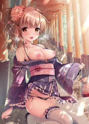 :d bangs bikini bikini_under_clothes black_bikini black_footwear blurry blurry_background blush breasts breasts_out brown_eyes day depth_of_field earrings eyebrows_visible_through_hair female fingernails flower frilled_legwear hair_flower hair_ornament heart heart-shaped_pupils heavy_breathing highres japanese_clothes jewelry kimono kimono_pull light_brown_hair long_hair long_sleeves medium_breasts multi-strapped_bikini nipples open_mouth original outdoors pinching_sleeves purple_kimono red_flower saliva side-tie_bikini side_ponytail sleeves_past_wrists smile solo sousouman sweat swimsuit symbol-shaped_pupils thighhighs torii white_legwear wide_sleeves