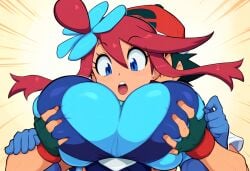 1boy ai_generated breast_grab female grabbing gym_leader huge_breasts mullon muscular_male novelai pokemon pokemon_(anime) pokemon_bw pokemon_journeys satoshi_(pokemon) skyla_(pokemon)