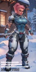 ai_generated armor armored_boots bodysuit boots breasts clenched_hands clothing female female_only fingerless_gloves footwear full_body gloves green_eyes hair_pulled_back jousneystudio large_breasts lips looking_at_viewer muscular_female night nose outdoors overwatch pink_hair ponytail scar scar_across_eye scar_on_face short_hair sky snow snowing solo standing tattoo text thick_thighs thighs tied_hair undercut weapon zarya