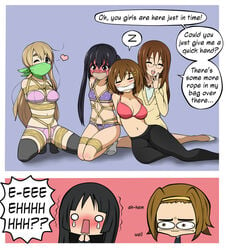 6girls angry arms_behind_back azusa_nakano_(k-on!) black_hair blonde_hair blush bondage bound bra breasts brown_hair cleave_gag comic crotch_rope dialogue embarrassed english_text female female_only femdom femdom_caption femsub flat_chest gagged glasses heart jam-orbital k-on! kneehighs knotted_crotch_rope leggings legwear lezdom mio_akiyama_(k-on!) multiple_girls multiple_subs over_the_nose_gag panties ritsu_tainaka_(k-on!) rope sawako_yamanaka_(k-on!) sleeping socks tape text thighhighs tied_up tsumugi_kotobuki_(k-on!) wink yui_hirasawa_(k-on!) yuri