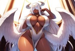 1girl 1girls 2024 2d 2d_(artwork) adult_female ai_generated angel angel_wings big_breasts big_hips breasts brown_skin church curvaceous curvaceous_female curvy_thighs dark-skinned_female dark_skin deity female female_only goddess hair_over_eyes hips horns huge_breasts long_hair mullon novelai original_character pelvic_curtain solo solo_female solo_focus thick_thighs thighs tiamare white_hair white_horns wings