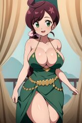 1girls ai_generated big_breasts braided_hair breasts chloe_(pokemon) cleavage collarbone dress female green_dress green_eyes light-skinned_female light_skin long_hair pokemon pokemon_journeys ryuzam single_braid solo