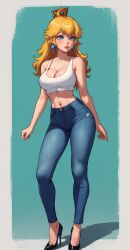 ai_generated blonde_hair blue_eyes breasts breasts cleavage crop_top crown full_body high_heels jeans mario_(series) princess_peach royalty skinny_girl skinny_jeans stable_diffusion standing tank_top white_crop_top
