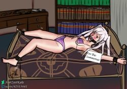 1girls alternate_costume armpits bare_arms bare_legs bare_midriff barefoot bed bikini blush bondage book bookshelf bound bound_to_bed braid breasts cleavage female female_only femsub fire_emblem fire_emblem_awakening fire_emblem_heroes gag gift indoors legs lock looking_at_viewer medium_breasts medium_hair midriff motion_lines nintendo o-ring o-ring_bikini official_alternate_costume on_back on_bed open_mouth open_mouth_gag purple_bikini purple_swimsuit red_eyes restrained ring_gag robin_(female)_(summer)_(fire_emblem) robin_(fire_emblem) robin_(fire_emblem)_(female) self_bondage shirleyyzaida sideboob smile solo stationary_restraints swimsuit tongue twintails underboob