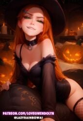 1girls ai_assisted ai_generated ben_10 cartoon_network cute female gwen_tennyson halloween hi_res kittew_(style) lifting_skirt petite pillow sadtomato skinny slim teenager witch_costume