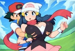 1boy ai_generated breast_grab breasts dawn_(pokemon) female huge_breasts mullon muscular_male novelai pokemon pokemon_(anime) pokemon_dppt pokemon_journeys pokemon_protagonist satoshi_(pokemon) straight