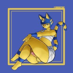 absurd_res animal_crossing ankha_(animal_crossing) anthro arched_back balls bandage bangs blue_hair bob_cut bottomwear clothed clothing crop_top crossed_legs domestic_cat egyptian_headdress felid feline felis femboy ftm_crossgender fur genderswap genderswap_(ftm) genitals hair hand_on_knee hand_on_leg hi_res i_will_dance_only_if_the_beat_is_funky looking_at_viewer male mammal miniskirt nintendo penis rule_63 shirt sitting skirt solo thick_thighs topwear upskirt yellow_body yellow_fur
