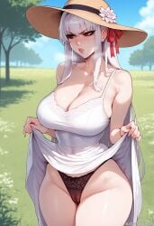 ai_generated balecxi blush embarrassed fate/grand_order kama_(fate/grand_order) large_breasts lifting lifting_clothing lifting_skirt long_hair looking_away red_eyes red_ribbon ribbon summer summer_dress sun_hat sweat undressing white_hair