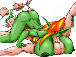 areolae ass bound bound_wrists fellatio green_hair green_skin huge_breasts human humanoid marauder6272 nail_polish nipples oral orange_hair penis pointy_ears red_nails shrapnel_(character) terris testicles thegeckodemon veins