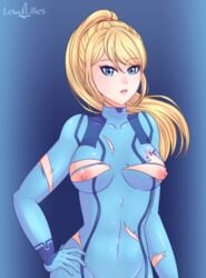 1girls areolae artist_name blonde blue_eyes bodysuit breasts clothing exposed_breasts eyebrows_visible_through_hair female female_only lewdlilies looking_at_viewer metroid nintendo nipples samus_aran solo torn_bodysuit torn_clothes video_games zero_suit zero_suit_samus