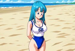 ai_generated arms_behind_back blue_eyes blue_hair civitai dragon_ball dragon_ball_z large_breasts long_hair maron sports_uniform