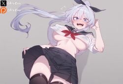 1girls ai_generated akyoi black_ribbon black_skirt black_thighhighs blue_eyes blush fangs large_breast long_hair looking_at_viewer oc open_mouth original_character ponytail red_ribbon ribbon school_uniform silver_hair skirt skirt_lift standing tight_clothing tongue tongue_out underboob white_background