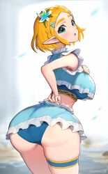 1girls ass blonde_hair breasts flower flower_in_hair gonzarez green_eyes looking_at_viewer looking_back nintendo pointy_ears princess_zelda short_hair sideboob solo swimsuit tears_of_the_kingdom the_legend_of_zelda zelda_(tears_of_the_kingdom)