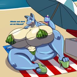 absurd_res anthro beach big_breasts bikini bikini_thong bikini_top blastoise blue_body blue_eyes breasts bubbles_(jiqqy) clothing english_text female footwear generation_1_pokemon hi_res high_heels huge_breasts jiqqy nintendo platform_heels pokemon pokemon_(species) shell shoes solo sunscreen swimwear text thick_thighs two-piece_swimsuit