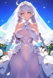 1girls ai_generated bangs bare_shoulders blue_eyes blue_sky blush braid breasts bridal_veil bride dress elbow_gloves erection_under_clothes eyebrows_visible_through_hair finger_to_mouth flower futanari gloves index_finger_raised kiana_kaslana kiana_kaslana_(herrscher_of_the_void) large_breasts long_hair looking_at_viewer naughty_face petals racerai rose see-through shh sky smile solo strapless strapless_dress sushing veil wedding_dress white_dress white_flower white_gloves white_legwear white_rose wind