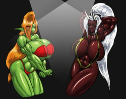 2girls abs arms_behind_back bikini breasts closed_eyes duo eyes_visible_through_hair female fishnet flexing green_eyes green_skin hair_over_one_eye horns huge_breasts humanoid malice marauder6272 muscles muscular_female nipples orange_hair pointy_ears red_bikini red_skin see-through shrapnel_(character) sling_bikini white_hair yellow_bikini