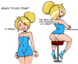 1boy adventure_time annoyed ass blonde_hair blush bun_hair cartoon_network choker crossdressing dialogue dress dunnhierdraws english_text femboy finn_the_human full_body hair_bun hair_over_one_eye high_heels looking_at_viewer looking_back male male_only minidress panty_shot rear_view revealing_clothes sitting solo stool text tight_dress white_background