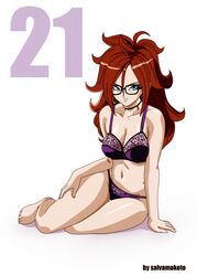 1girls android_21 android_21_(human) auburn_hair big_breasts blue_eyes bra breasts cleavage dragon_ball dragon_ball_fighterz ear_piercing earrings female glasses lingerie navel panties salvamakoto sitting smile solo thick_thighs underwear vomi_(dragon_ball)