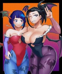 2girls ass big_ass big_breasts black_hair breasts cosplay darkstalkers evoltodraw female female_only head_wings huge_breasts kyoka_jiro large_breasts lilith_aensland_(cosplay) momo_yaoyorozu morrigan_aensland_(cosplay) multiple_girls my_hero_academia wings