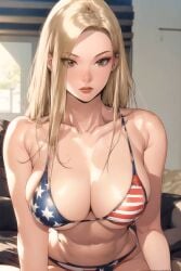 4th_of_july ai_generated american_flag american_flag_bikini big_breasts blonde_hair breasts brown_eyes couch curvaceous curvaceous_body curvaceous_figure curvy curvy_body curvy_figure female flag_bikini flag_print landlord's_little_daughter large_breasts living_room long_hair manhwa outside_view queen_bee_(manhwa) solo stable_diffusion tree yoo_dali