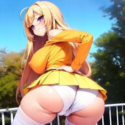 1girls ai_generated ass ass back_view baka_na_imouto_o_rikou_ni_suru_no_wa_ore_no_xx_dake_na_ken_ni_tsuite big_ass big_butt blonde_hair blush blush_lines clothed clothed_female clothing female female_only from_behind huge_ass huge_butt legs legwear light-skinned_female light_skin long_hair looking_at_viewer looking_back mitsui_hana open_eyes outdoor outdoors outside pale-skinned_female pale_skin panties purple_eyes sideboob skirt smile solo solo_female stable_diffusion standing thighs underwear white_panties white_skin white_underwear