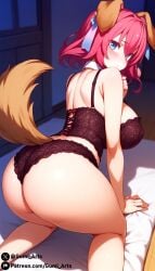 ai_generated all_fours ass blue_eyes blush covered_nipples dog_ears dog_tail gumi_arts hair_ornament huge_breasts lingerie looking_at_viewer looking_back no_game_no_life pink_hair sexy_lingerie short_hair stable_diffusion stephanie_dora thick_thighs wide_hips
