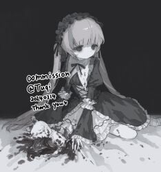 animal artist_name closed_mouth commentary commission dated dot_mouth dress empty_eyes expressionless female frilled_dress frills gothic_lolita greyscale guro headdress juliet_sleeves lolita_fashion long_hair long_sleeves monochrome neck_ribbon original puffy_sleeves ribbon sitting solo tuqitt twintails very_long_hair watermark wide_sleeves