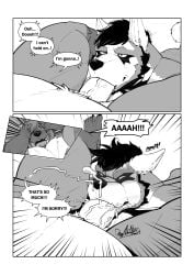 alternate_species announcing_orgasm anthro belly between_legs blush bodily_fluids broke_(deadanthro) closed_eyes comic cum cum_from_mouth cum_from_nose cum_in_mouth cum_in_nose cum_inside deadanthro deadanthro_(character) dialogue duo embarrassed english_text fellatio genital_fluids genitals gnoll hi_res hyena intense_orgasm male male/male male_penetrated male_penetrating male_penetrating_male mammal moan monochrome oral oral_penetration penetration penile penile_penetration penis penis_in_mouth sex text vein veiny_penis