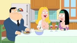 1boy 2girls accurate_art_style american_dad areolae big_boobs big_breasts black_hair blonde_female blonde_hair_female boobies boobs breasts breasts_out dark_hair daughter exposed_breasts father flashing_breasts francine_smith gp375 hayley_smith husband_and_wife kitchen kitchen_table light-skinned_female light-skinned_male light_skin looking_at_another mother mother_and_daughter nipples one_breast_out stan_smith tits wine_glass