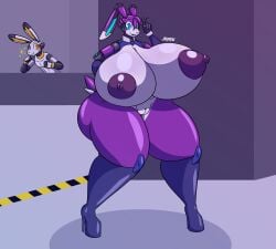 13un 5_fingers absurd_res anthro big_breasts blue_eyes breasts duo female fingers genitals hi_res high_heels huge_breasts jiqqy lagomorph leporid m4rs machine male mammal nipples purple_body purple_nipples pussy rabbit robot thick_thighs white_body yellow_eyes