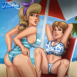 2d 2d_(artwork) 2girls alternate_version_available annie_(summertime_saga) ass beach beach_chair beach_umbrella big_breasts bikini bikini_bottom bikini_top blonde_hair bra braid braided_hair braided_ponytail breasts cleavage daughter digital_drawing_(artwork) digital_media_(artwork) duo female female_focus female_only ginger ginger_hair joakadraws light-skinned_female light_skin looking_at_viewer lucy_(summertime_saga) medium_breasts milf mother mother_and_daughter multiple_girls one-piece_swimsuit panties ponytail pose posing presenting presenting_ass presenting_breasts sideboob sitting smile smiling smirk summertime_saga swimsuit swimwear teenage_girl teenager watermark