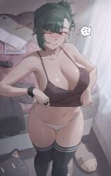 big_breasts crop_top female green_hair legwear one_eye_closed panties stockings striped_legwear striped_stockings tank_top undressing white_panties yohan1754