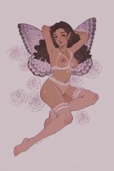 1girls brown_eyes brown_hair butterfly_wings dark_hair fae fairy fairy_wings female female_only flower flowers insects_wings karlovycross lavender long_hair looking_at_viewer pierced_nipples piercing piercings pointy_ears sitting underwear wavy_hair wings