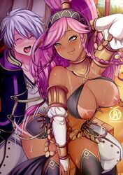 1boy alternate_costume ass_shake blush breasts buttjob dancing female fire_emblem fire_emblem_awakening fire_emblem_heroes grinding lapdance large_breasts naughty_face nipples olivia_(fire_emblem) olivia_(performing_arts)_(fire_emblem) open_mouth pink_eyes pink_hair ponytail revolverwingstudios robin_(fire_emblem) robin_(fire_emblem)_(male) rubbing skirt sweat tan tan_lines thighs tied_hair tongue_out white_hair wide_hips