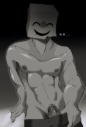 1boy abs artist_request bag_over_head emio erect_penis erection famicom_detective_club first_porn_of_character male_focus male_only muscular_male nintendo pecs underwear_only