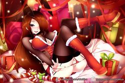 1girls big_breasts blush breasts candy_cane_miss_fortune cleavage darklux female high_heel_boots large_breasts league_of_legends looking_at_viewer miss_fortune open_mouth pussy snowdown_showdown_series solo thighhighs