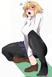 1girls ahoge arcueid_brunestud black_pantyhose blonde_hair blush boots breasts covering_crotch covering_privates female flustered from_below highres jewelry large_breasts looking_at_viewer maz_515 necklace oerba_yun_fang open_mouth pantyhose red_eyes short_hair simple_background single_boot spread_legs squatting steam steaming_body sweat sweater tsukihime tsukihime_(remake) turtleneck turtleneck_sweater