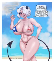 american_flag_bikini beach big_breasts cigarette helltaker horns huge_breasts tehhank thick_thighs zdrada_(helltaker)