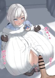 1boy absurdres akershus_fortress_(oshiro_project) badge bar_censor black_gloves blue_cape blue_eyes braid breasts breasts_squeezed_together cape censored center_frills cleavage cleavage_cutout clothing_cutout female frilled_shirt frills fur-trimmed_cape fur_trim gigantic_breasts gloves grey_hair hair_ornament highres indoors kneeling noe_(ppppriver) open_mouth oshiro_project:re penis shirt trembling white_shirt