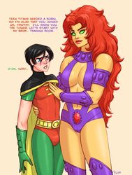 1boy 1girls age_difference batman_(series) cleavage dc dc_comics female flick fondling green_eyes koriand'r male penis_bulge robin_(dc) robin_(tim_drake) size_difference starfire starfire_(comics) straight tamaranean teen_titans tim_drake