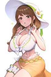1girls :o absurdres alternate_costume bikini braid braided_ponytail breasts bridal_garter brown_hair cleavage female female female_only fire_emblem fire_emblem_engage fire_emblem_heroes flower flower_hat frilled_bikini frills goldmary_(fire_emblem) goldmary_(summer)_(fire_emblem) gonzarez hat highres huge_breasts long_hair looking_at_viewer mole mole_on_breast navel nintendo official_alternate_costume sarong simple_background skindentation solo swimsuit thighs white_background white_bikini white_flower white_hat white_swimsuit