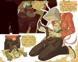 battat_(deltarune) blush boner boner_in_pants cuntboy deltarune deltarune_chapter_3 drool drooling gay gay_sex mike_(deltarune) pippins_(deltarune) precum size_difference tenna_(deltarune) yaoi