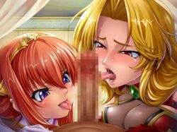 1boy 2girls alicia_viewstream blonde_hair blush breast_press breasts censored collaborative_fellatio fellatio female gloves hair_ornament jewelry kagami_hirotaka kangoku_senkan kangoku_senkan_2 large_breasts licking lilith-soft masturbation maya_cordelia moaning multiple_girls no_bra oral orange_hair penis princess purple_eyes queen red_eyes saliva see-through shiny shiny_clothes shiny_hair sideboob skin_tight straight sweat taimanin_asagi_battle_arena teamwork tiara