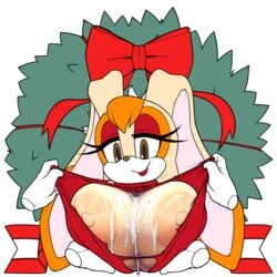 2017 absurd_res anthro areola big_breasts breasts christmas clothed clothing cum disembodied_hand eyelashes female female_only hi_res holidays huge_breasts lagomorph looking_at_viewer makeup mammal marthedog nipples open_mouth plant rabbit ribbons sega smile solo sonic_(series) teeth vanilla_the_rabbit video_games wreath