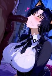 1girls ai_generated blowjob blowjob_face cat_ears catgirl cum cum_in_mouth dark-skinned_male fellatio gintoai high_school_dxd interracial kuroka_(high_school_dxd) large_breasts oral oral_sex uncensored