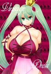 bare_shoulders chains choker cleavage crown dress facominn green_eyes green_hair hand_on_hip hatsune_miku huge_breasts looking_at_viewer naughty_face project_diva project_diva_(series) ribbon rose sideboob very_long_hair vocaloid