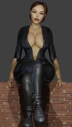 3d areolae areolae_slip big_breasts bodysuit boots braid breasts brown_eyes brown_hair busty catsuit cleavage crossed_legs deep_cleavage female female_focus female_only hourglass_figure lara_croft lara_croft_(classic) lipstick long_hair makeup mascara navel sitting sleeves_rolled_up tagme thedirtden tomb_raider tomb_raider_remastered wide_hips