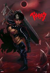 1girls andava ass bandage berserk black_hair breasts cleavage closed_eye curvy dark-skinned_female dark_skin female female_guts gender_transformation guts_(berserk) human large_breasts muscles muscular_female rule_63 scar short_hair solo sword thong tomboy toned weapon wide_hips