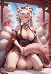 1futa ai_generated fox_ears fox_girl fox_tail futa_only futanari japanese_clothing kitsune large_balls large_breasts large_penis multiple_tails shrine_maiden spartan25 tails temple white_hair